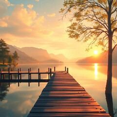 Obraz premium Lakeside Dock at Day’s Beginning or End,A Dock in the Glow of Sunrise or Sunset