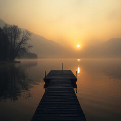 Obraz premium Lakeside Dock at Day’s Beginning or End,A Dock in the Glow of Sunrise or Sunset