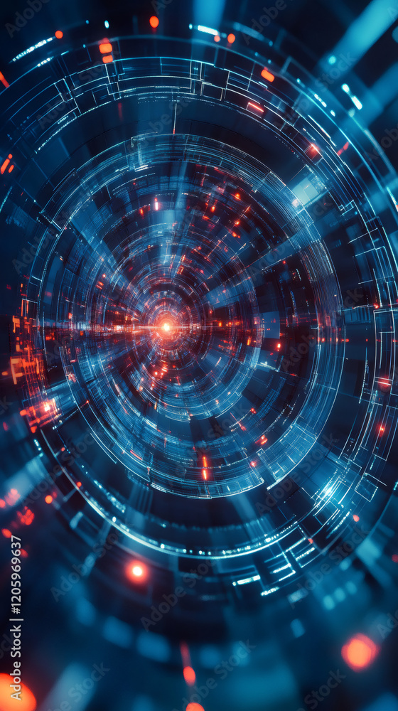 Aufkleber Glowing futuristic portal with vibrant blue and red lights opens in a digital cyberspace, creating an intriguing tunnel of energy and connection