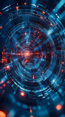 Obraz premium Glowing futuristic portal with vibrant blue and red lights opens in a digital cyberspace, creating an intriguing tunnel of energy and connection