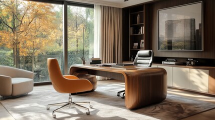 Modern home office with sleek desk, ergonomic chair, and stylish yet realistic decor 
