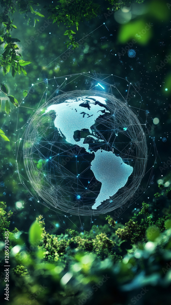 Poster digital globe showcasing interconnectedness of nature and technology, emphasizing environmental awar