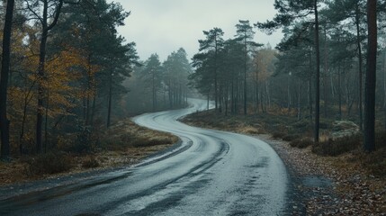 Fototapeta premium Winding Road Through Misty Autumn Forest