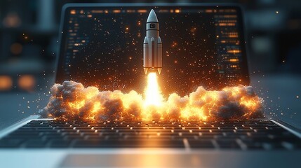 Digital Launch: Rocket Taking Off from a Laptop Screen