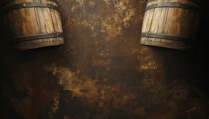 Rustic wooden barrels on brown background.