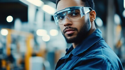 Portrait of young black industrial engineer wearing protective glasses working in a modern factory with automated machinery in the background, representing industry 4.0 and smart manufacturing