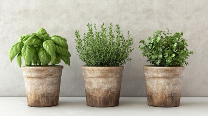 Fototapeta premium Three potted herbs basil thyme and another herb sit on a counter