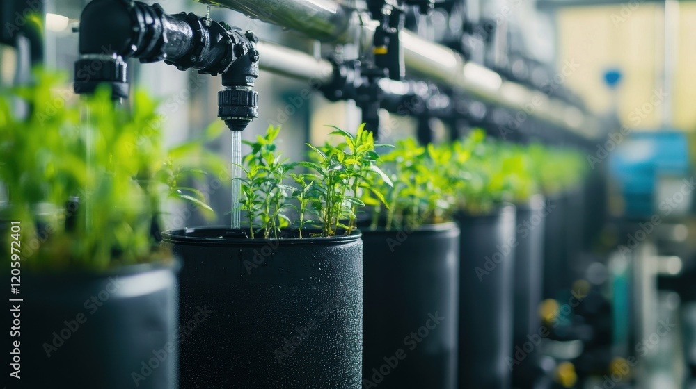 Poster automated irrigation system efficiently waters rows of young plants growing in a controlled environm