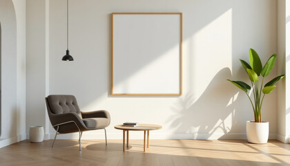 Modern Bright and Airy Room with White Wall, Wooden Frame mockup, and Natural Light