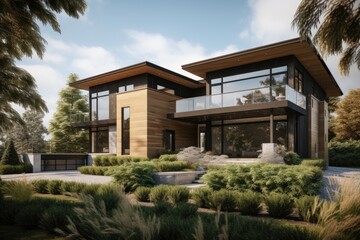 Fototapeta premium Modern Wood And Glass Home Amidst Lush Greenery