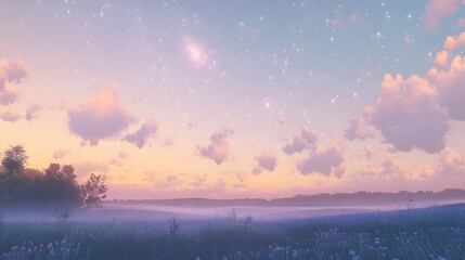 A calm horizon blending soft pinks and purples with dreamy clouds.