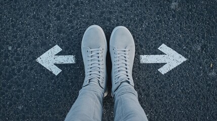 Fototapeta premium 1. **Sneakers, Arrows, and the Path of Life: A Young Person’s Choice Between Studies and Life Directions**