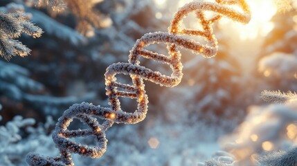 A DNA double helix glistens in a snowy environment, symbolizing life and genetic research.