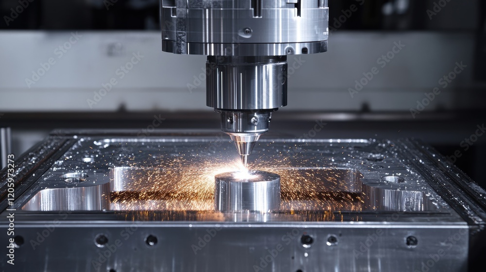 Poster metalworking cnc milling machine creating sparks while drilling a metal workpiece, showcasing precis