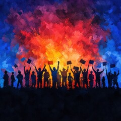 May Day Labor Day Celebration: Colorful Construction Worker Silhouettes on Abstract Watercolor Background