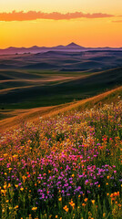Obraz premium Stunning Sunset Over a Colorful Meadow Landscape