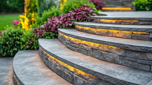 Illuminated curved garden steps at dusk, landscaped backyard