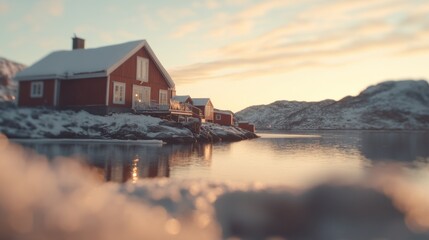 Fototapeta premium Winter Sunset Reflections Remote Norwegian Village Landscape Snowy Environment Serene Viewpoint Tranquility and Nature's Beauty