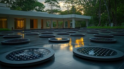 Illuminated circular pavement lights in modern plaza at sunset