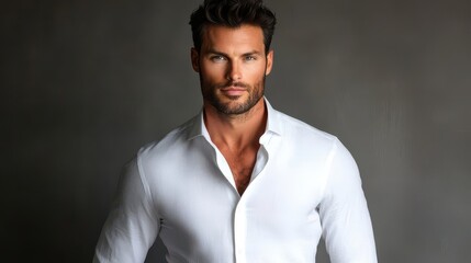 Obraz premium Confident Man in White Shirt Against a Dark Background