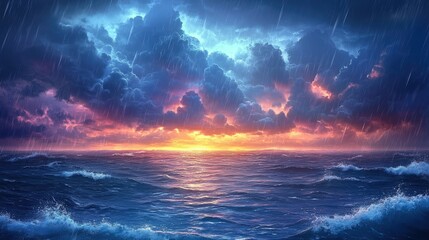 Obraz premium A dramatic seascape at sunset, with vibrant colors and stormy clouds reflecting on the ocean.