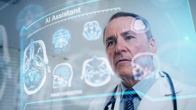 Doctor Analyzing AI-Assisted Brain Scans for Advanced Diagnosis