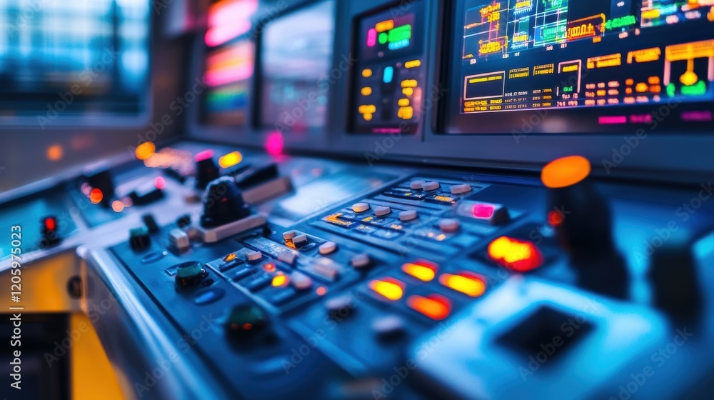 Poster control panel with illuminated buttons, knobs, and digital screens displaying data and graphs, sugge