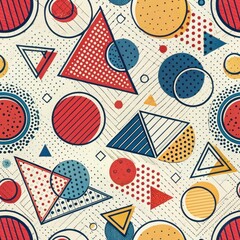 Obraz premium Abstract Geometric Pattern Vibrant Circles Triangles and Dots Seamless Design