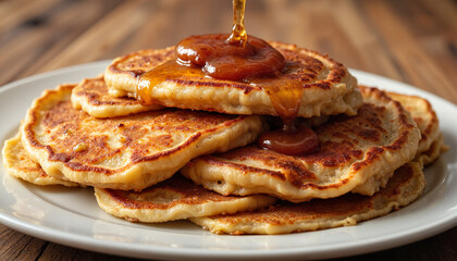 Pancakes dripping with syrup on a white plate