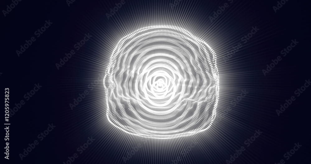 Poster abstract white concentric rings glowing in a dark background, creating a radiating effect. perfect f