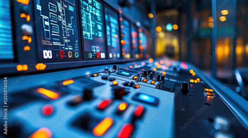 Poster control panel with multiple monitors displaying real time data and information, used in a manufactur