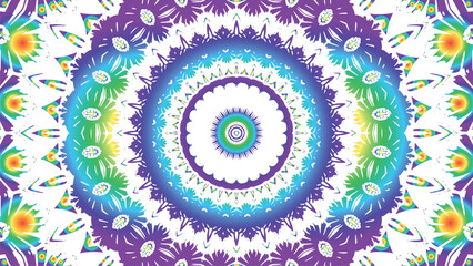 Caleidoscope of beautiful symmetrical flowers colorful gradient. Floral background line art traditional batik ornament dayak design template element. Suitable for fabric, clothing and wallpaper.