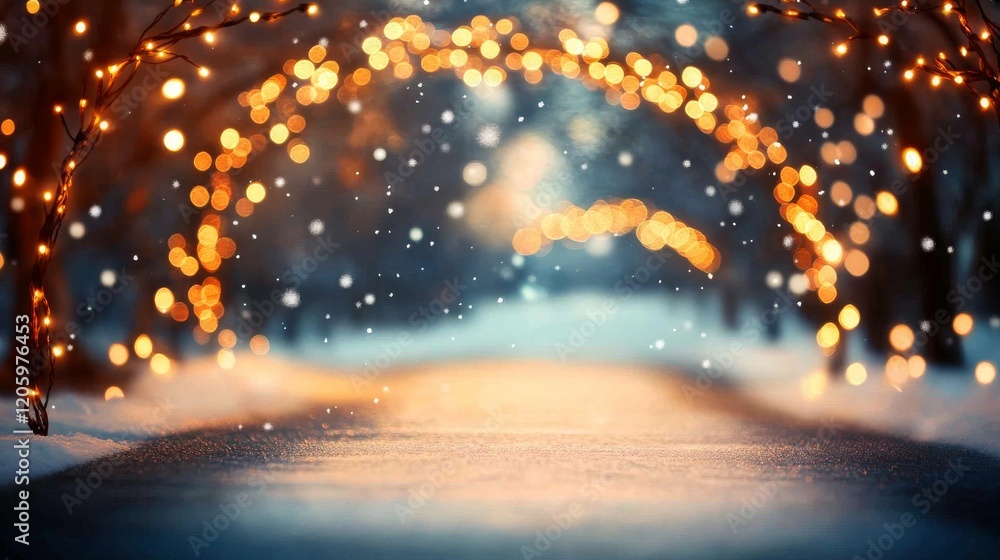 Poster softly falling snow complements glowing arches in a tranquil winter landscape, creating a serene atm