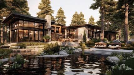 Fototapeta premium Modern Lakeside Home Nestled Among Tall Pine Trees