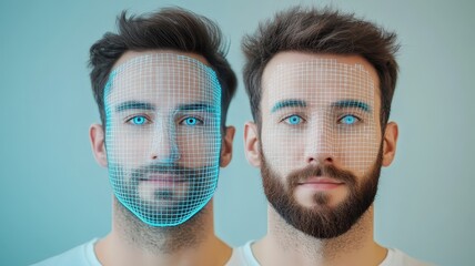 Pair of men with digital face mapping grids, representing advanced artificial intelligence in deep fake generation and detection.