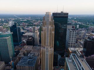High angle aerial shot of downtown Minneapolis, Minnesota with tall skyscrapers 