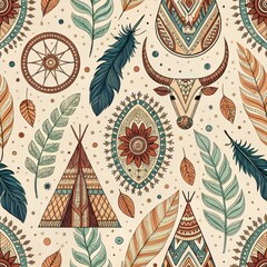 Seamless Native American Tribal Pattern Teepees Feathers Bull Floral Mandala Design
