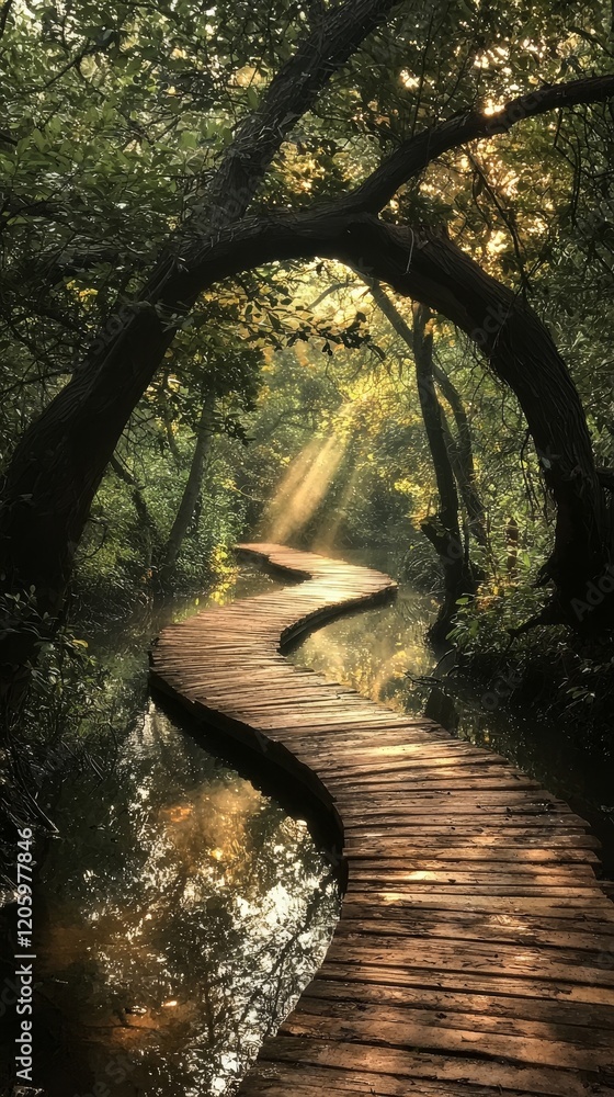 Wall mural a serene forest path winding through lush greenery, illuminated by soft sunlight filtering through t