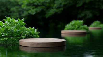 Tranquil scene featuring circular stone platforms surrounded by lush greenery and calm water, evoking a serene natural environment.