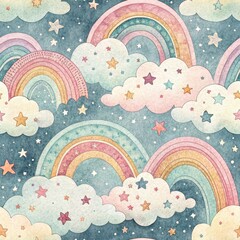 Watercolor Rainbow Stars and Clouds Seamless Pattern Design Pastel Colors Dreamy Sky