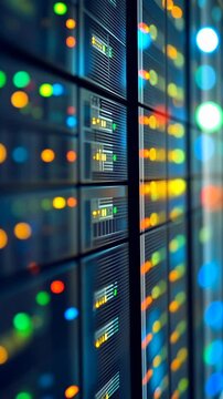Brightly lit server room with illuminated technology in a modern data center at night