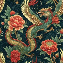 Seamless Pattern Majestic Asian Dragon with Vibrant Peonies and intricate Floral Design