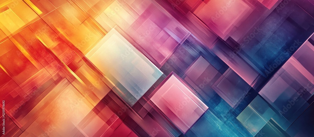 Aufkleber colorful layered geometric design, creating depth with transparent overlapping squares, soft lightin