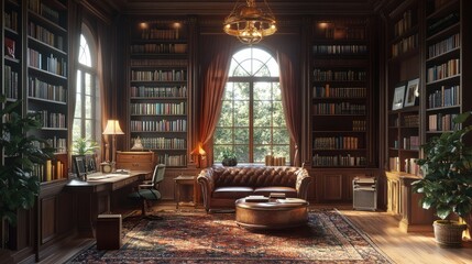 Obraz premium Realistic decor for a vintage study, with antique furniture, bookshelves, and warm lighting