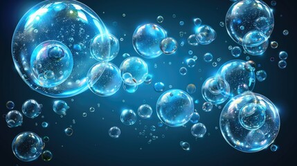 A collection of shimmering bubbles floating against a deep blue background.