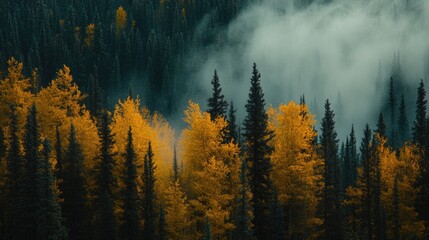 Golden Aspens Amidst Misty Evergreen Forest