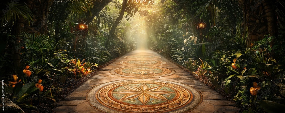 Wall mural a serene forest pathway adorned with intricate floral patterns, illuminated by soft sunlight filteri