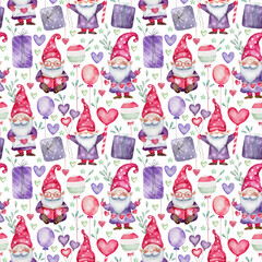 Watercolor Gnome Whimsical Cute Valentine's Day Seamless Holiday Elf Dwarf Love Birthday Pattern