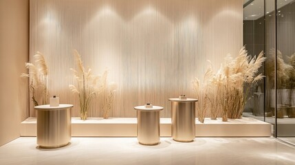 Modern luxury display using cream steel podiums against a reed glass wall, perfect for product highlights