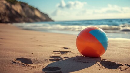 Obraz premium Colorful beach ball on sandy shore.